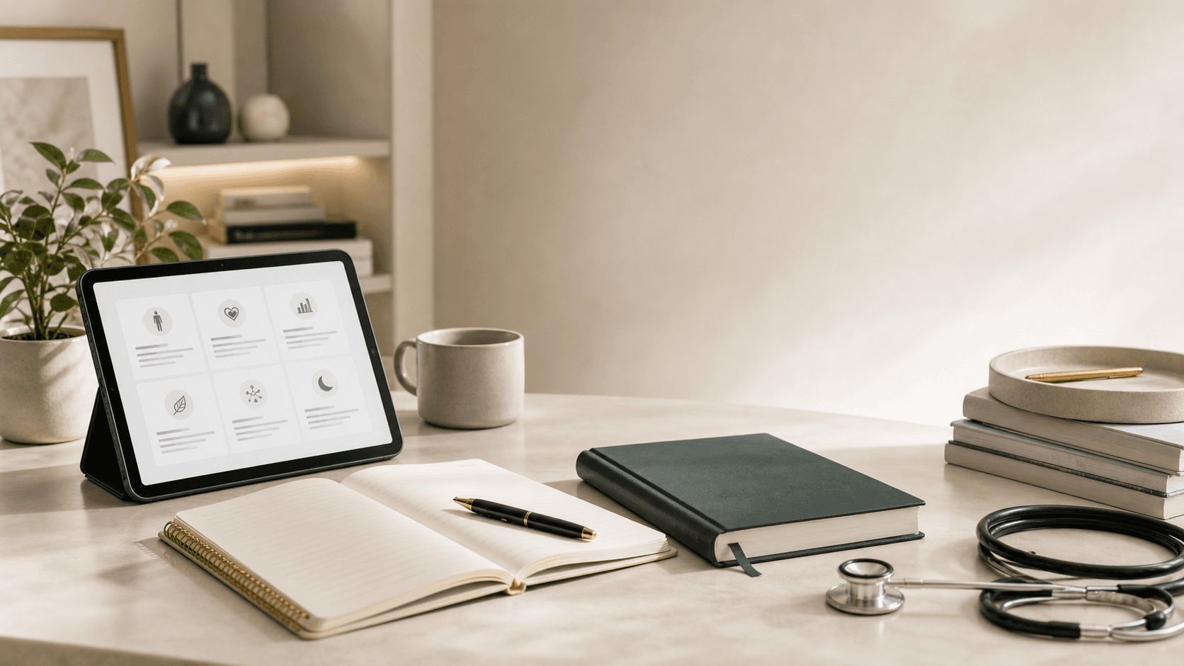 Mesa editorial com tablet, livros e objetos de estudo medico.