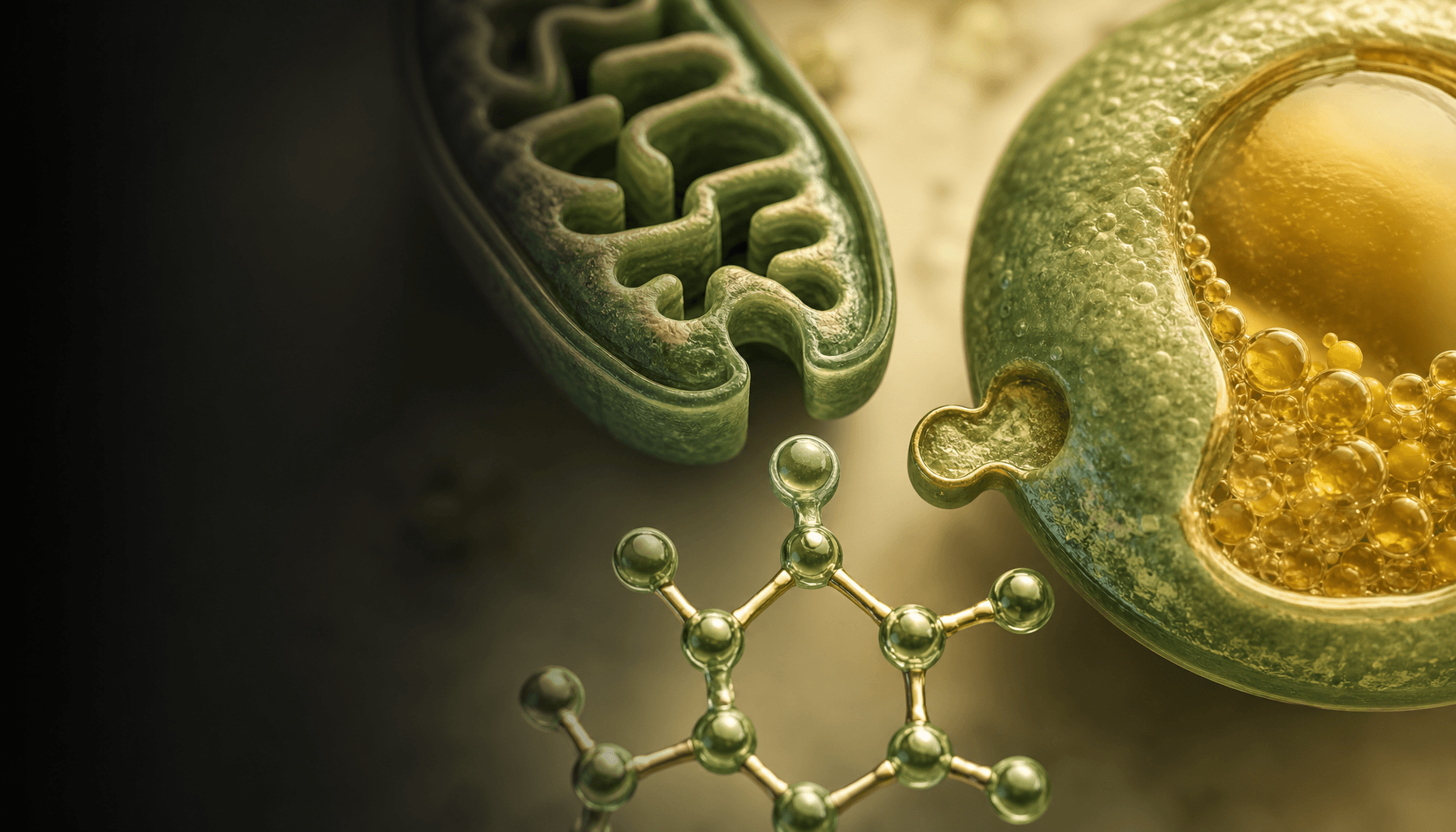Elementos celulares metabolicos como pecas de quebra-cabeca que nao se encaixam, representando a complexidade do emagrecimento.