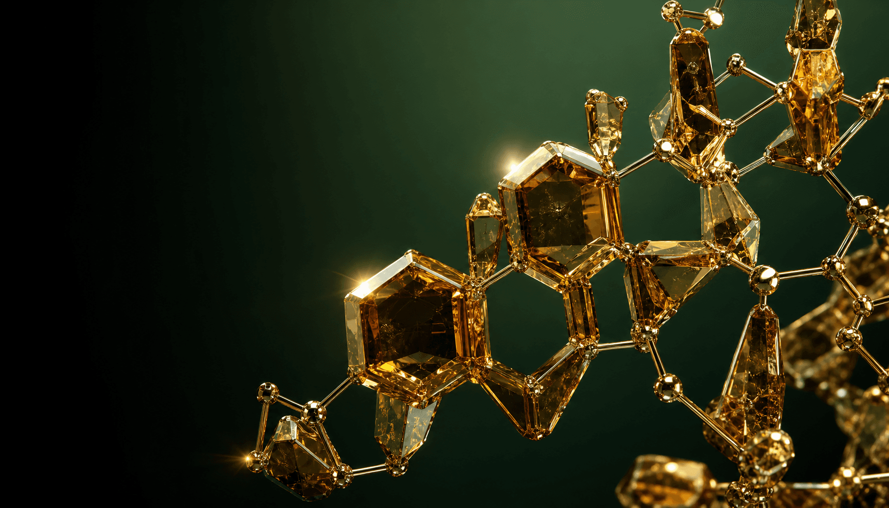 Estrutura molecular de hormonio esteroide renderizada como formacao cristalina dourada e elegante.