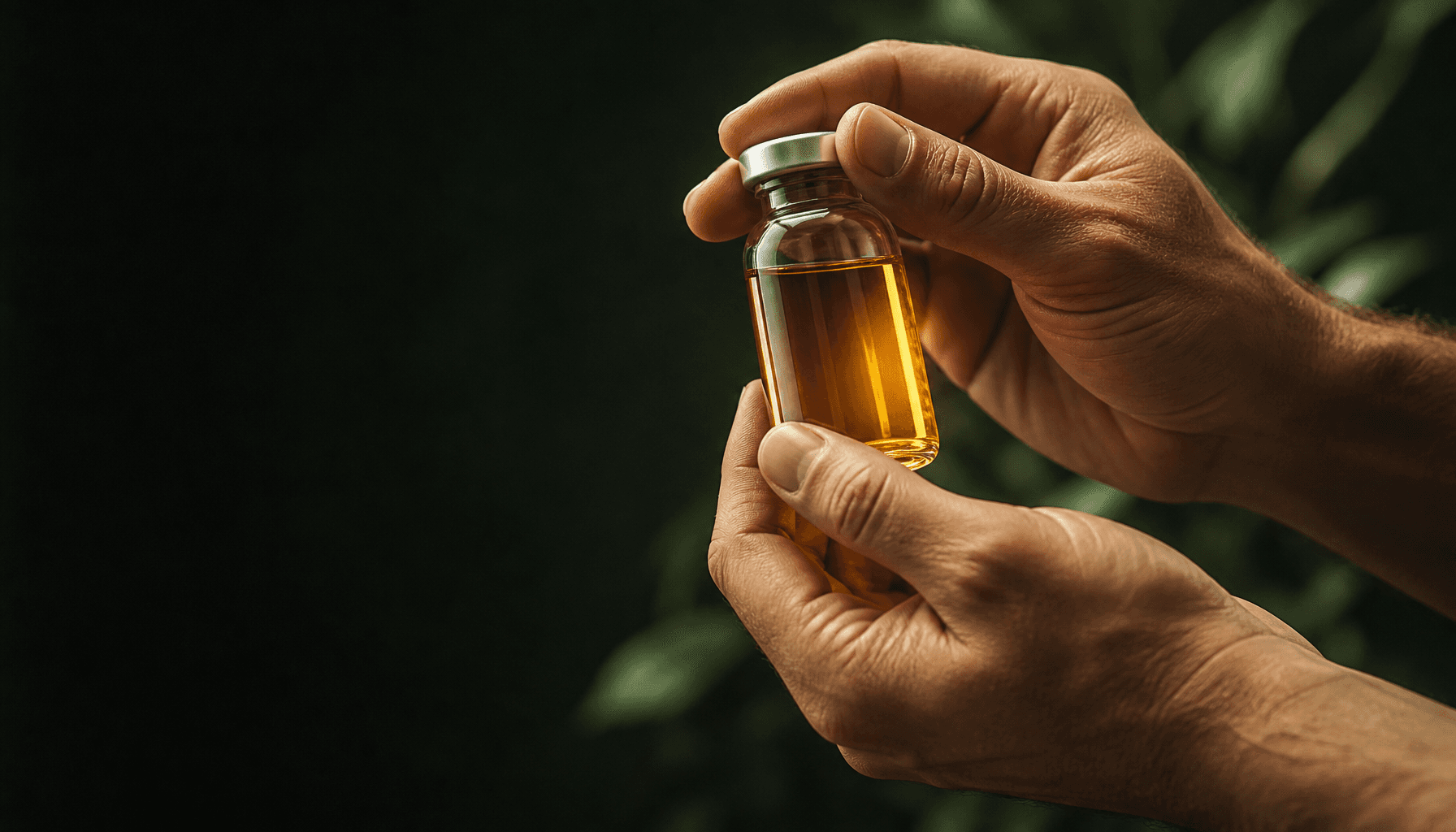 Maos masculinas segurando frasco de laboratorio com liquido dourado iluminado por contraluz.